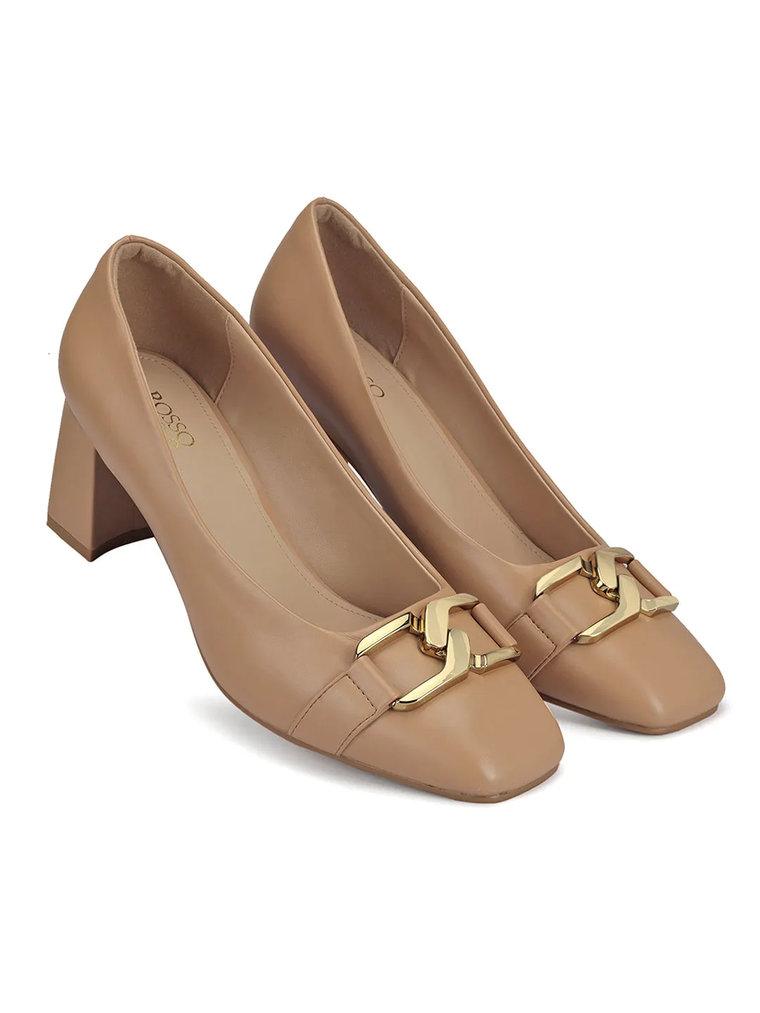 Beige Embellished Block Heels