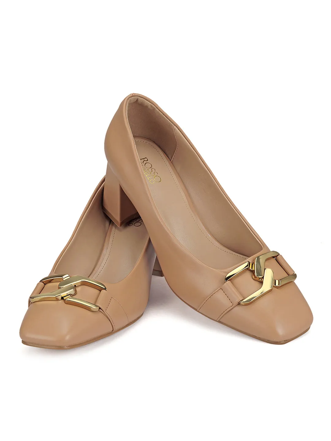 Beige Embellished Block Heels