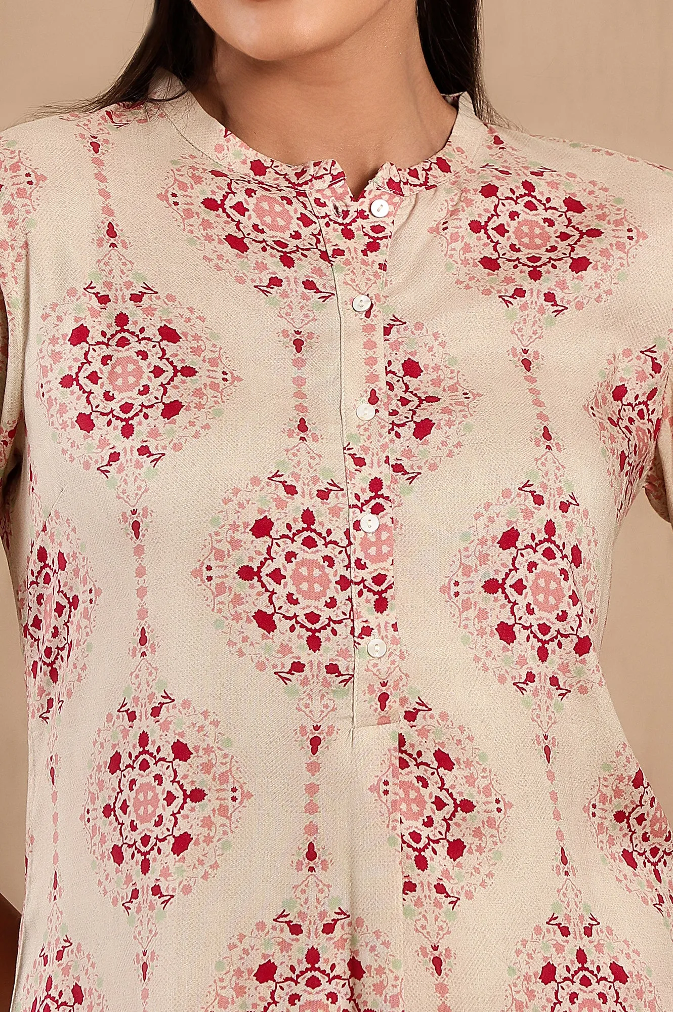 Beige Floral Printed Mandarin Collar Classy Straight Kurta