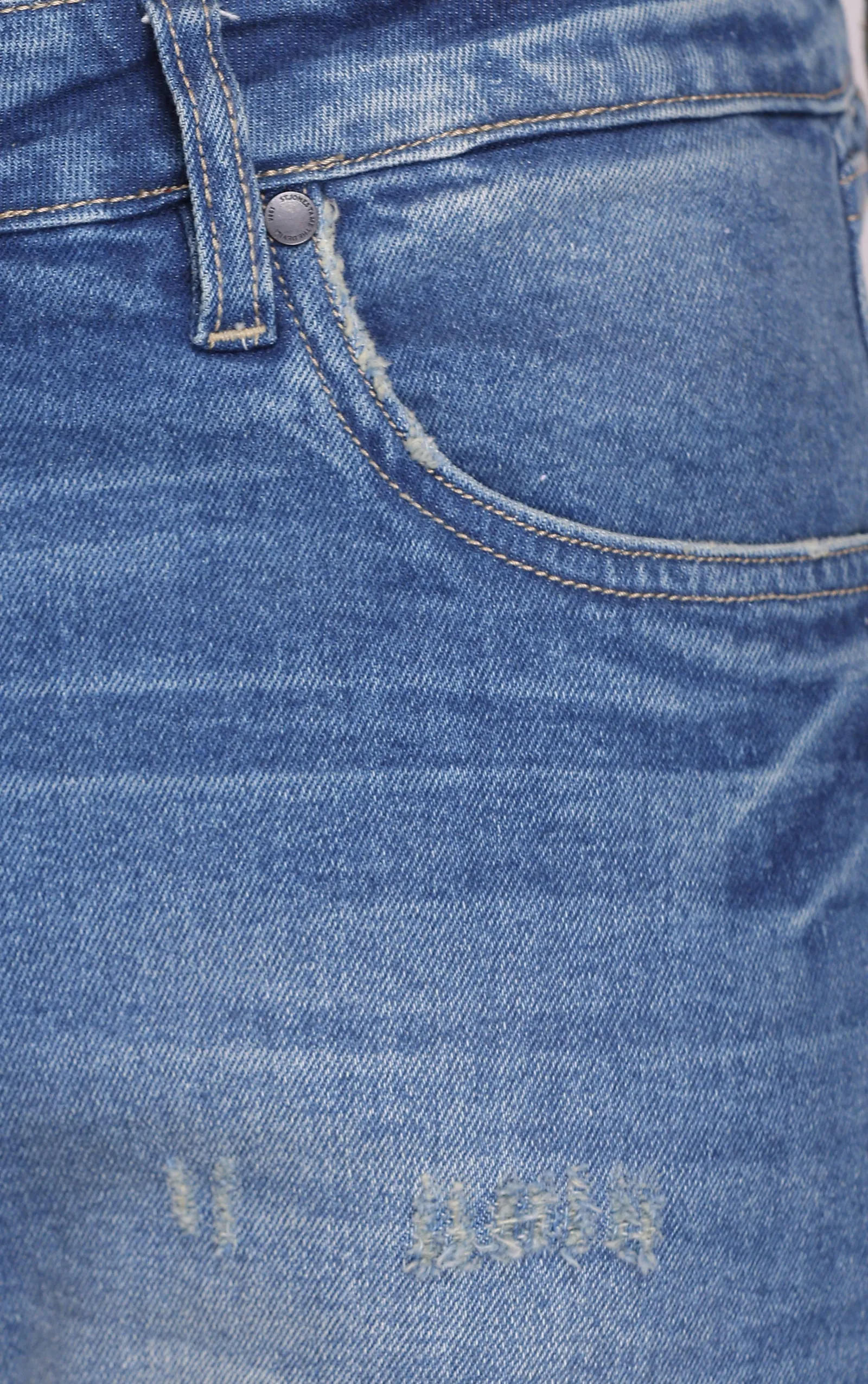 BLUE MID RISE RIPPED SLIM FIT JEANS