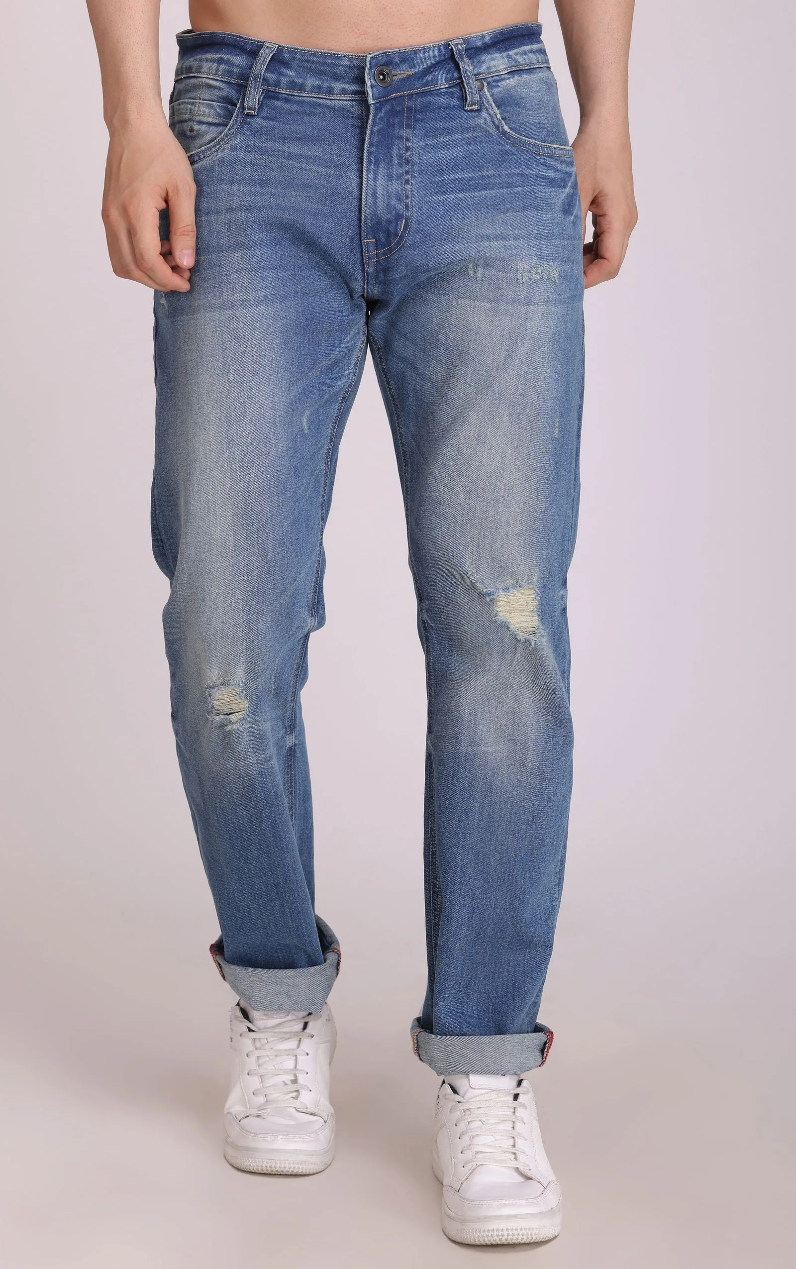 BLUE MID RISE RIPPED SLIM FIT JEANS