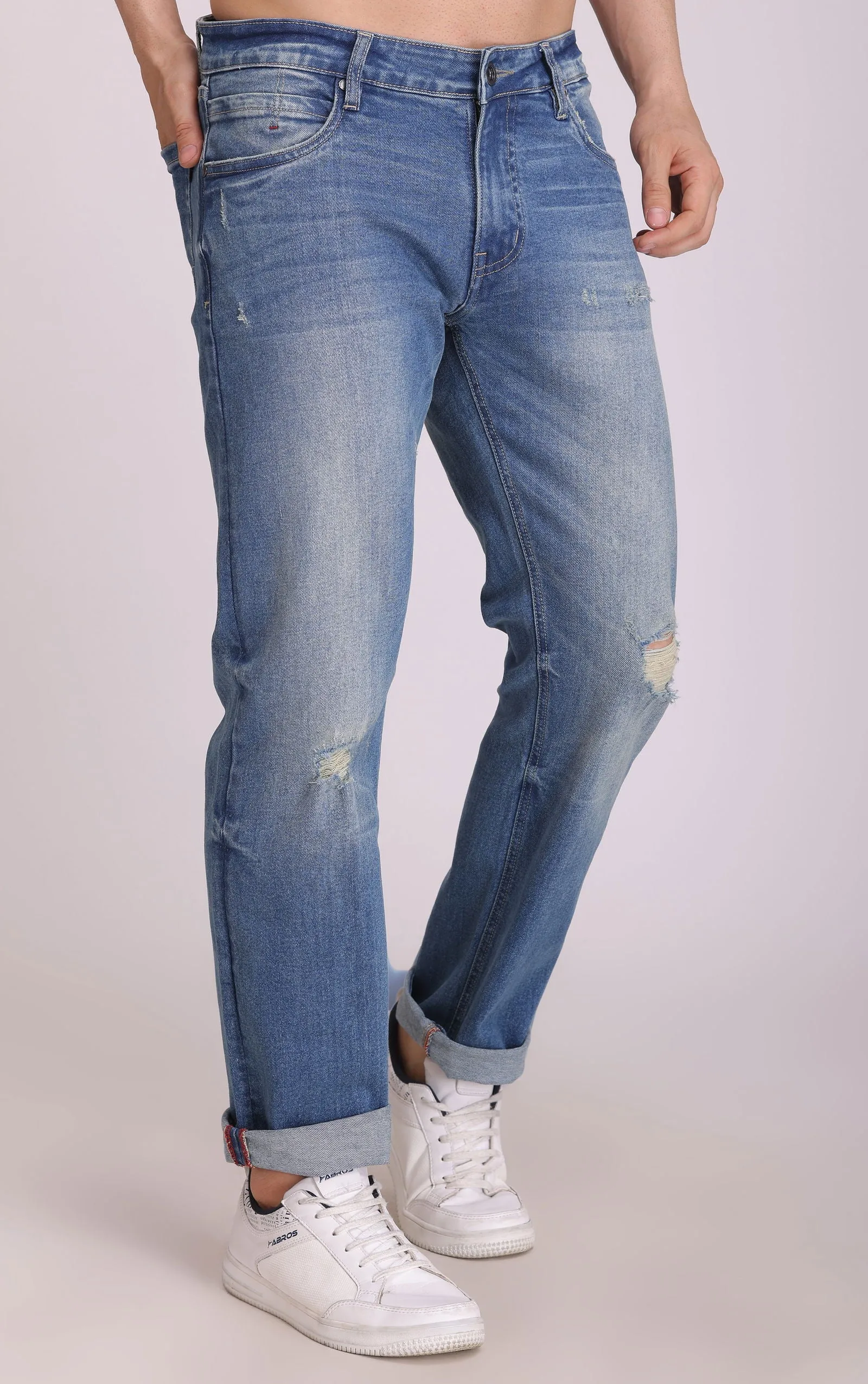 BLUE MID RISE RIPPED SLIM FIT JEANS
