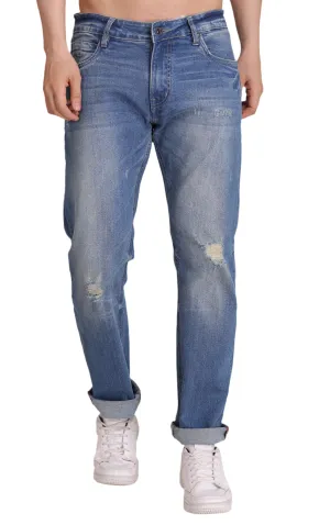 BLUE MID RISE RIPPED SLIM FIT JEANS