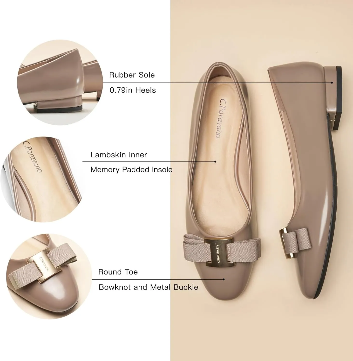 C.Paravano Women's Ballet Flats | Round Toe Bow Accent Shoes with Metallic Buckle | Soft Leather Slip-Ons for Work Commute, Office & Date NightsEvening Events, Business Travel & Dating