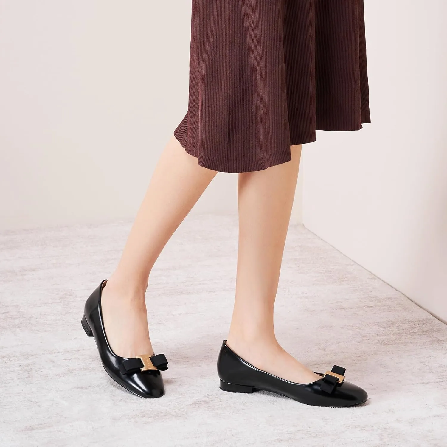 C.Paravano Women's Ballet Flats | Round Toe Bow Accent Shoes with Metallic Buckle | Soft Leather Slip-Ons for Work Commute, Office & Date NightsEvening Events, Business Travel & Dating