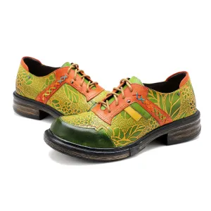 CrazycatZ Women's Leather Oxford Shoes Perforated Lace-up Wingtip Colorful Leather Oxfords Vintage Shoes Green