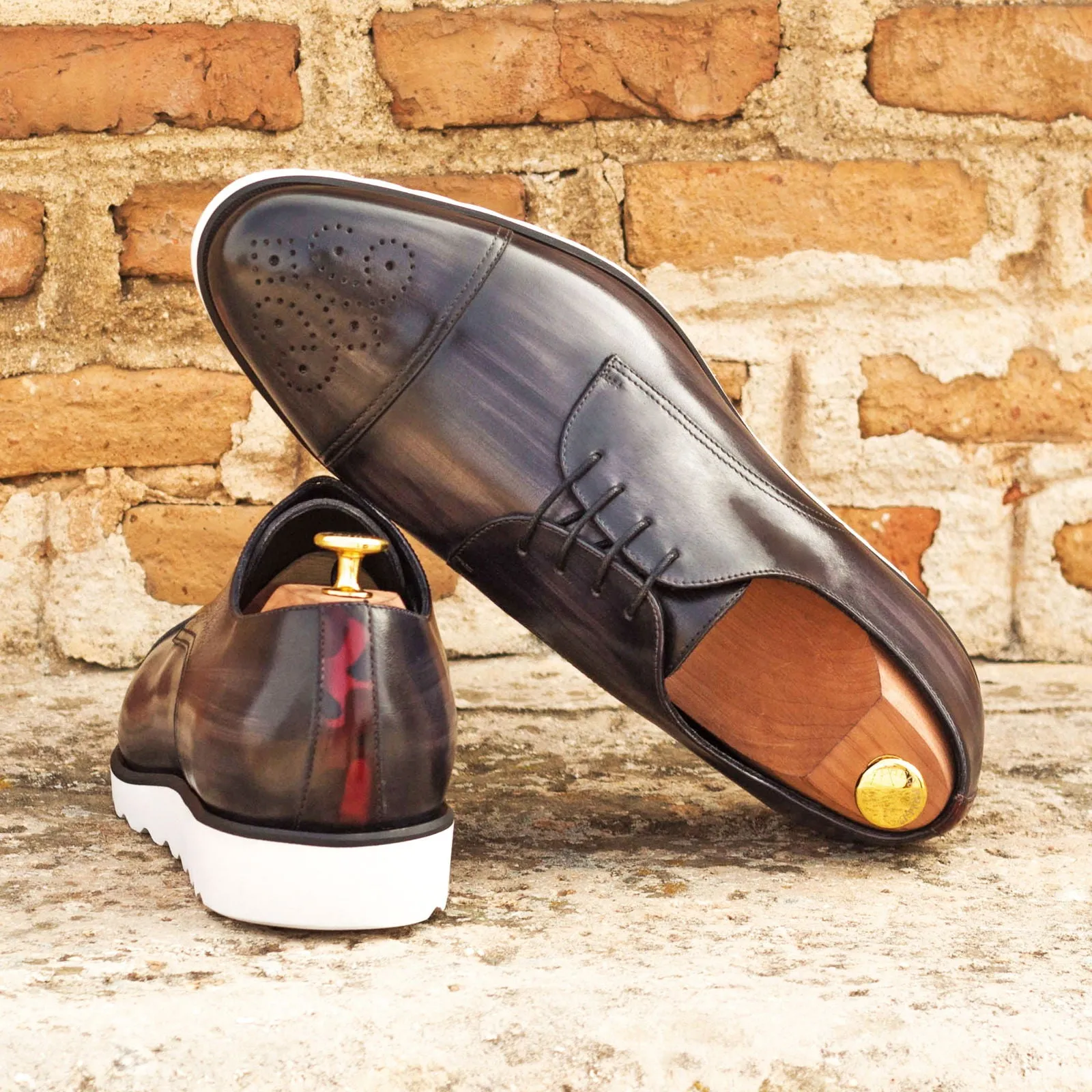 DapperFam Vero in Grey / Burgundy Camo Men's Hand-Painted Patina Derby