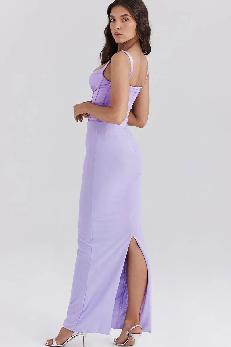 Elegant Bustier Sleeveless Satin Spliced Mesh Bodycon Evening Maxi Dress