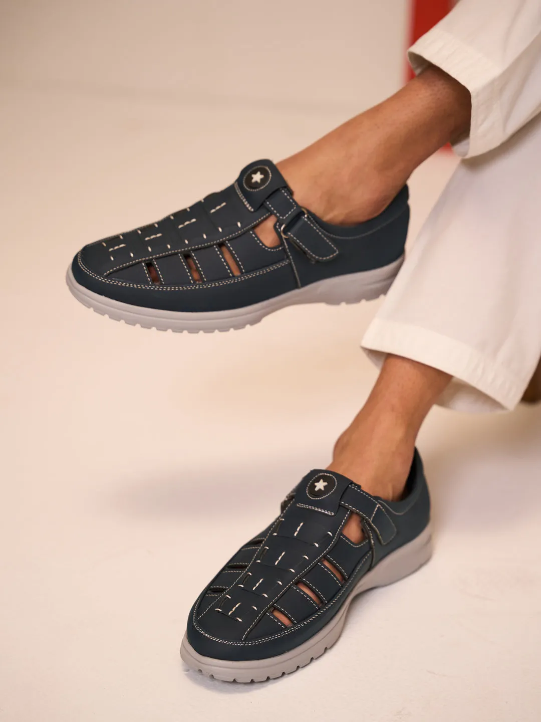 FAUSTO Men Blue Feather Light EVA Sole Shoe Style Comfortable Dress Sandal With Memory Cushion|Stitched Hook & Loop Sandal For Work|Evening|Festive