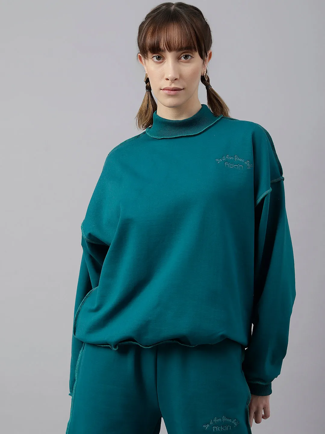 Fitkin Women Green Crew Neck Oversized Designer Sweatshirt