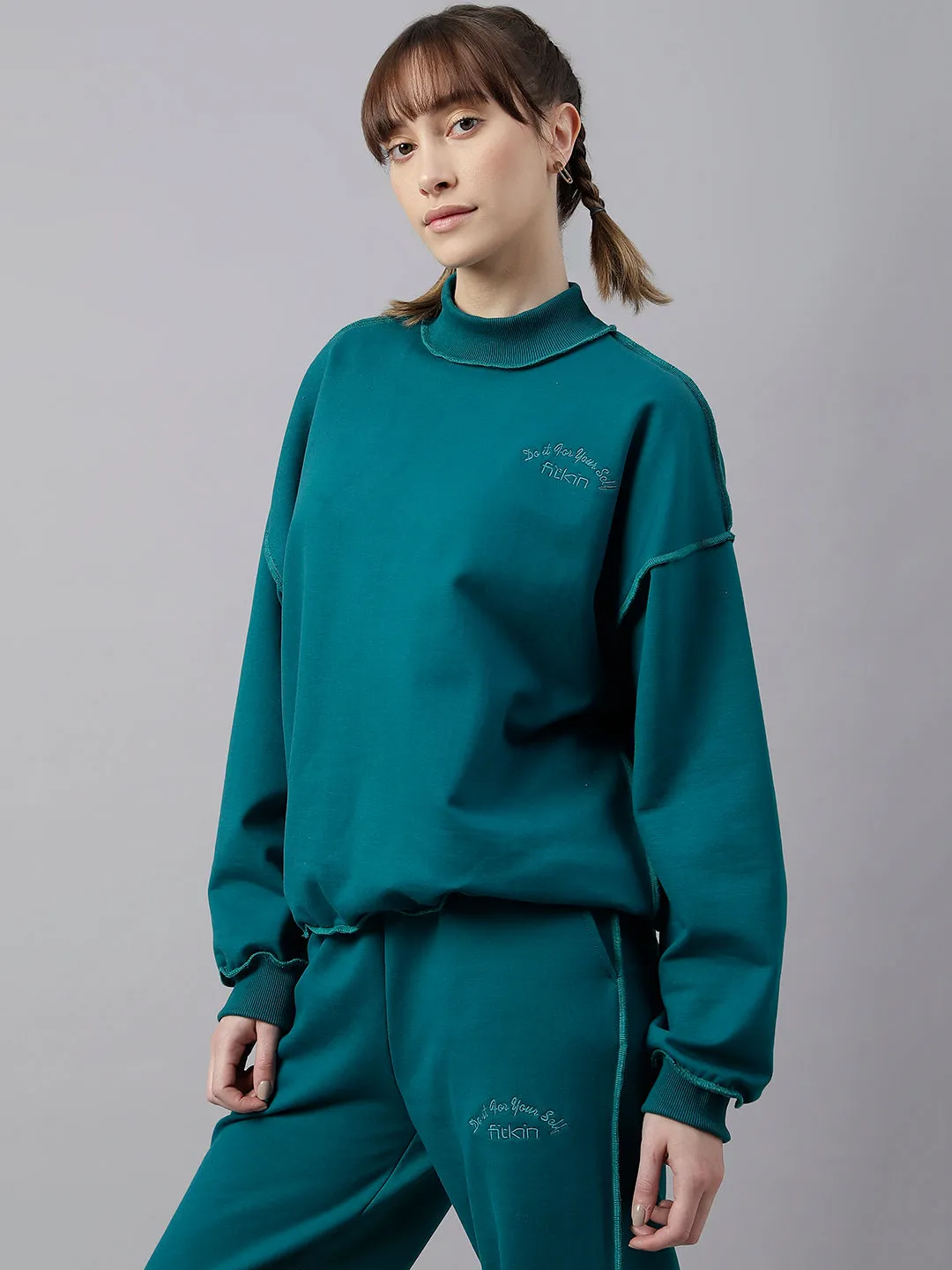 Fitkin Women Green Crew Neck Oversized Designer Sweatshirt