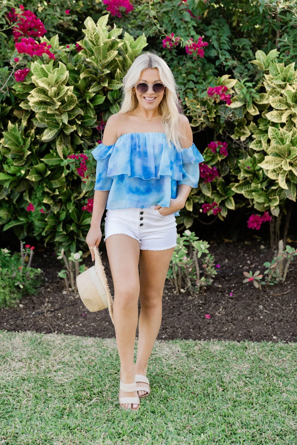 Holding Onto Happiness Blue Watercolor Off The Shoulder Printed Blouse FINAL SALE