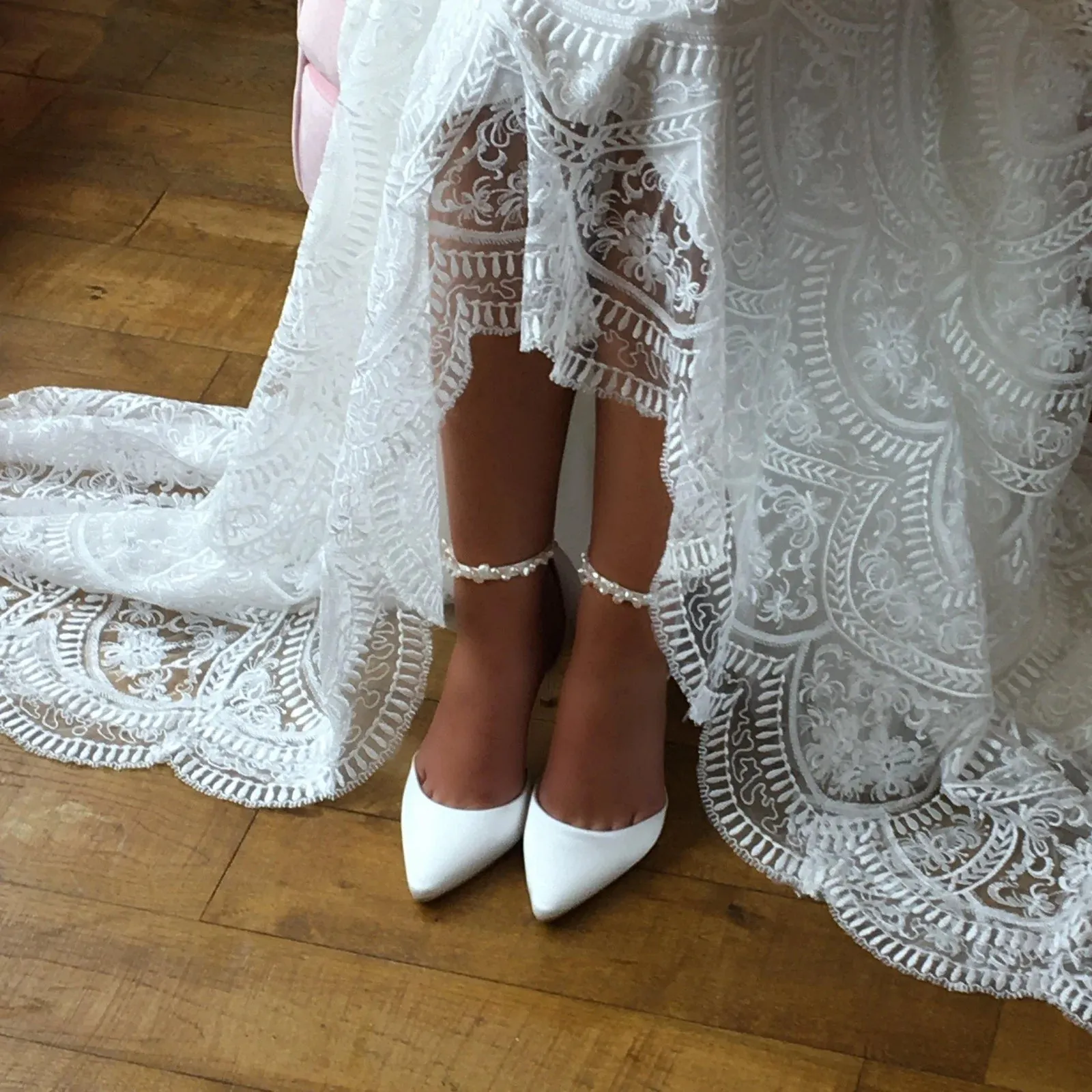 Ivory Satin Wedding Heels with Keshi Pearls, Ankle Strap, ELLA