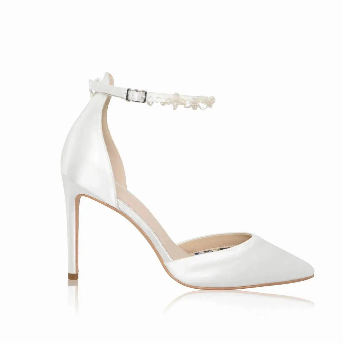 Ivory Satin Wedding Heels with Keshi Pearls, Ankle Strap, ELLA