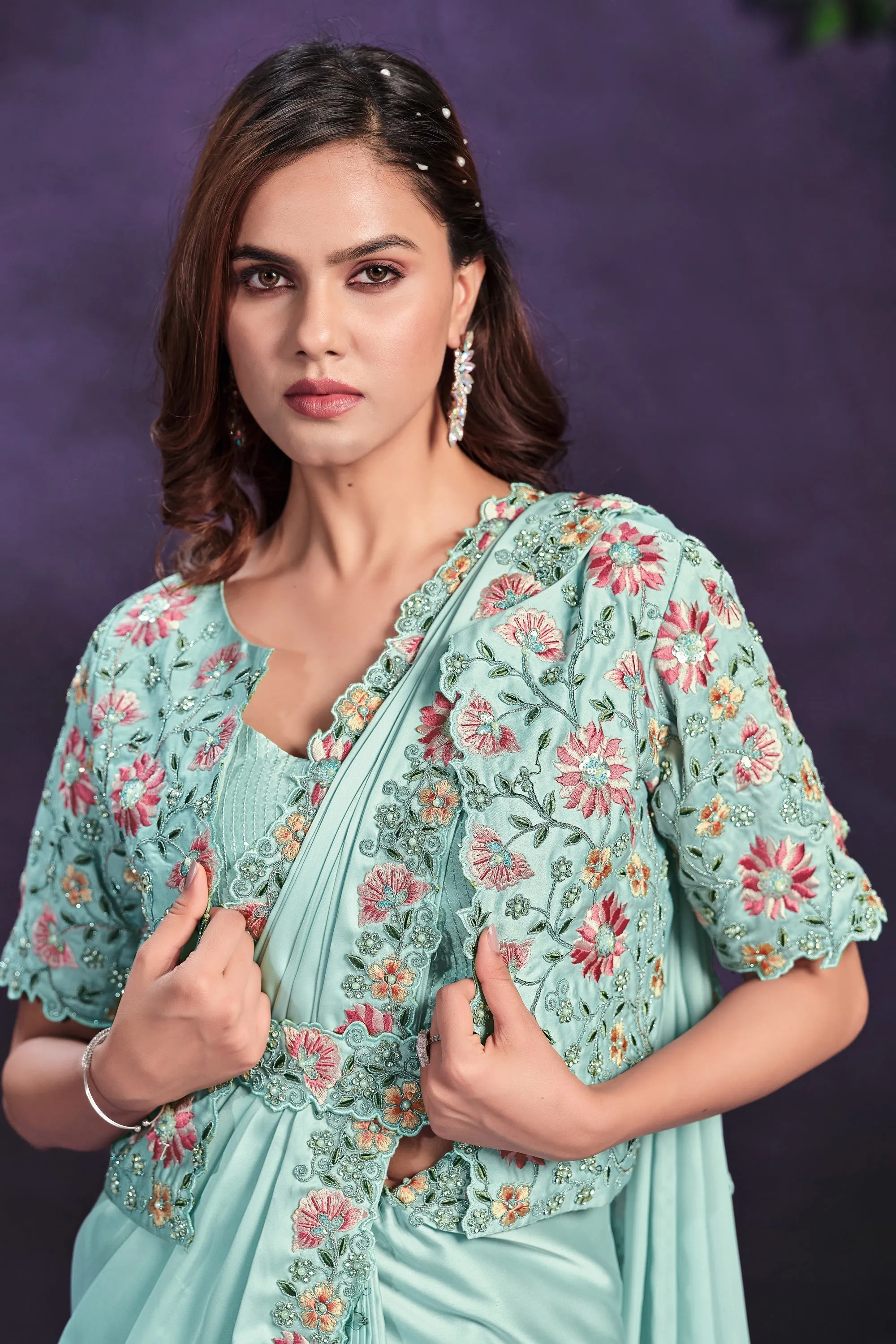 Marvellous Border Work On Satin Silk Fabric Ready To Wear Saree In Light Cyan Color