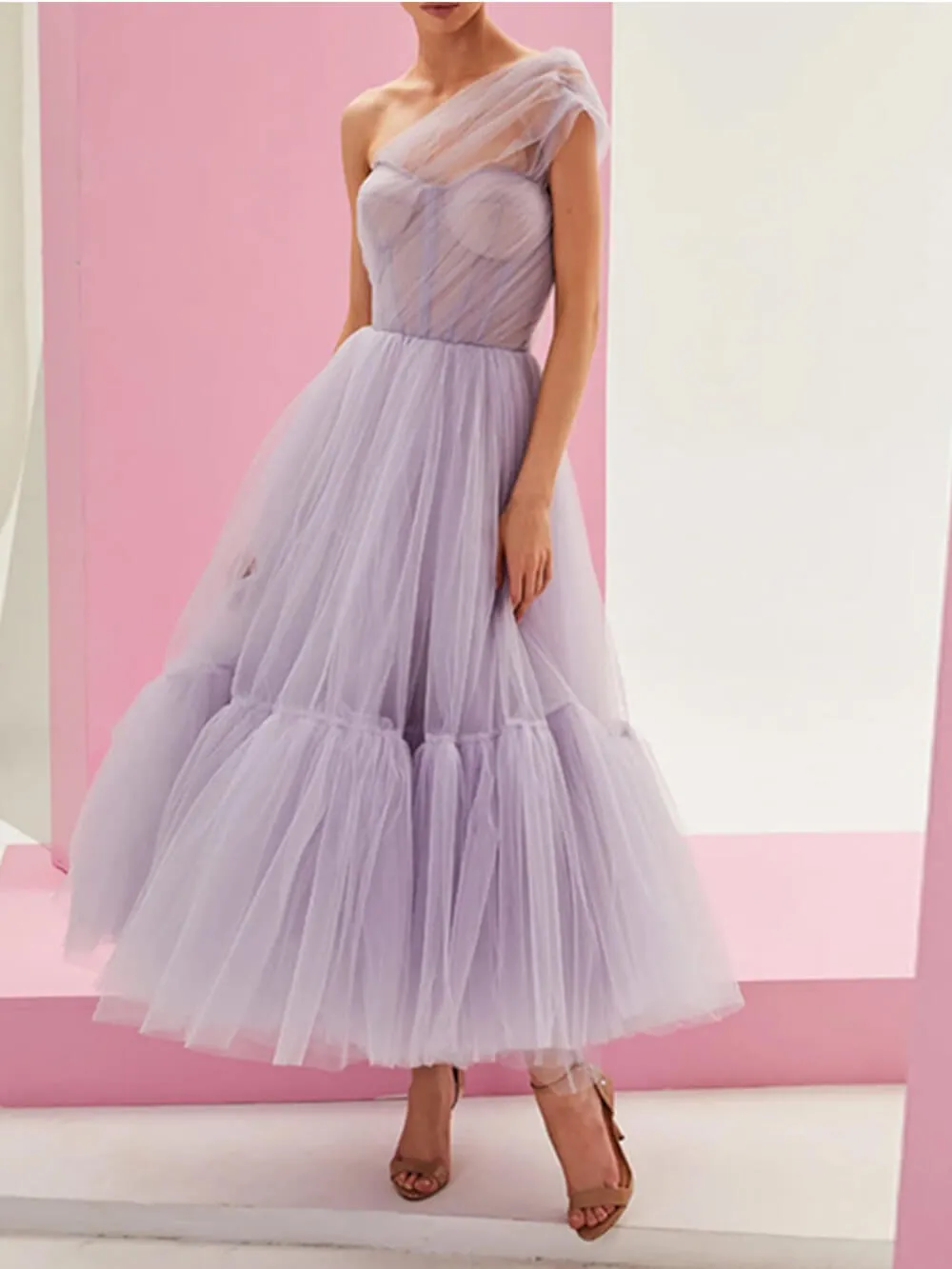 Off-Shoulder Solid Color Elegant Gauze Midi Dress