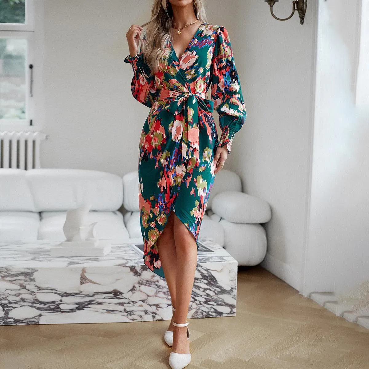 Printed  Elegant V-neck Dress