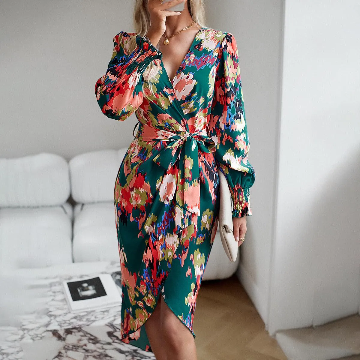Printed  Elegant V-neck Dress