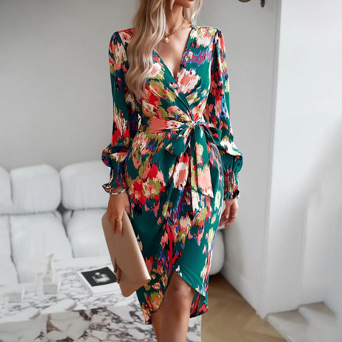 Printed  Elegant V-neck Dress