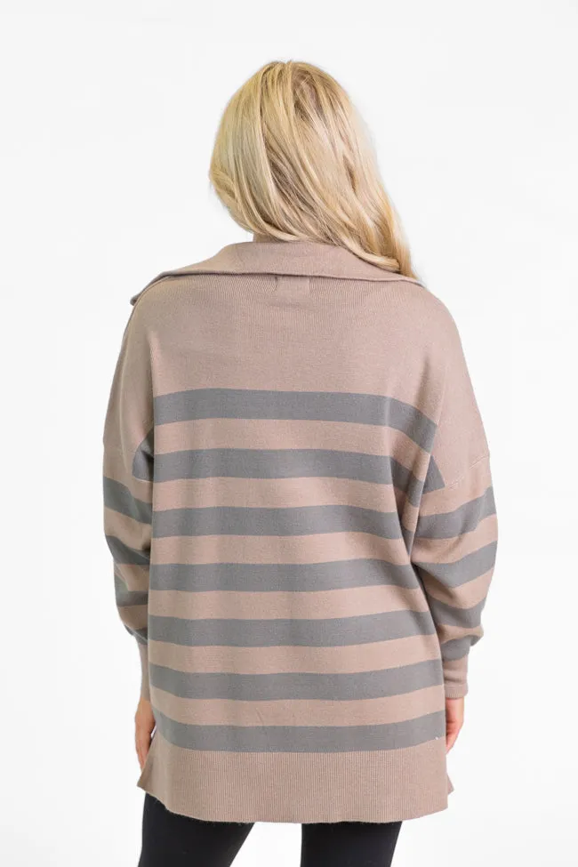 Pulling Heartstrings Taupe Striped Quarter Zip Pullover SALE