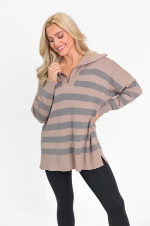 Pulling Heartstrings Taupe Striped Quarter Zip Pullover SALE