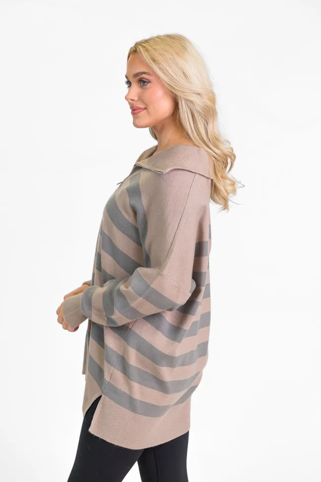 Pulling Heartstrings Taupe Striped Quarter Zip Pullover SALE