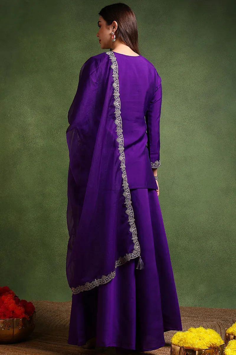 Purple Silk Blend Solid Embroidered Straight Palazzo Suit Set PKSKD2706
