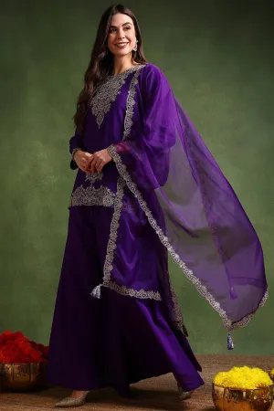 Purple Silk Blend Solid Embroidered Straight Palazzo Suit Set PKSKD2706