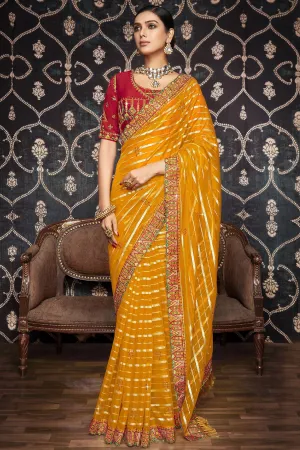 Radiant Border Work On Mustard Color Organza Fabric Saree
