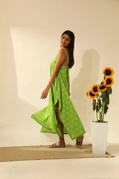 Rangsutra Bandhani Strappy Long Dress In Lime Green