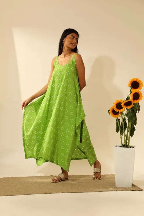 Rangsutra Bandhani Strappy Long Dress In Lime Green