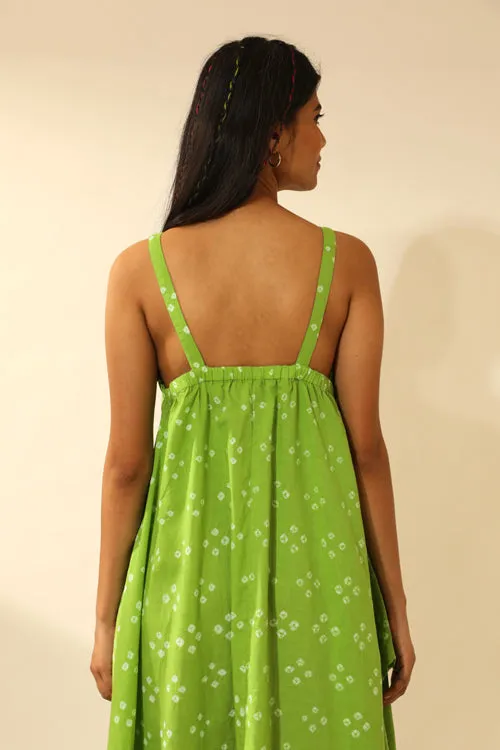 Rangsutra Bandhani Strappy Long Dress In Lime Green
