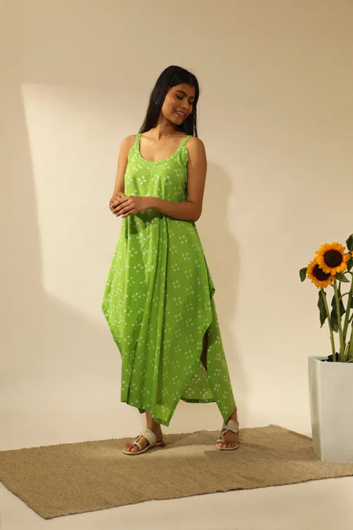 Rangsutra Bandhani Strappy Long Dress In Lime Green