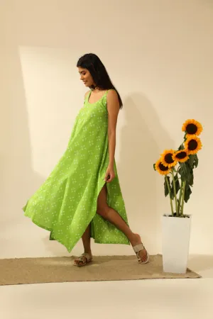 Rangsutra Bandhani Strappy Long Dress In Lime Green