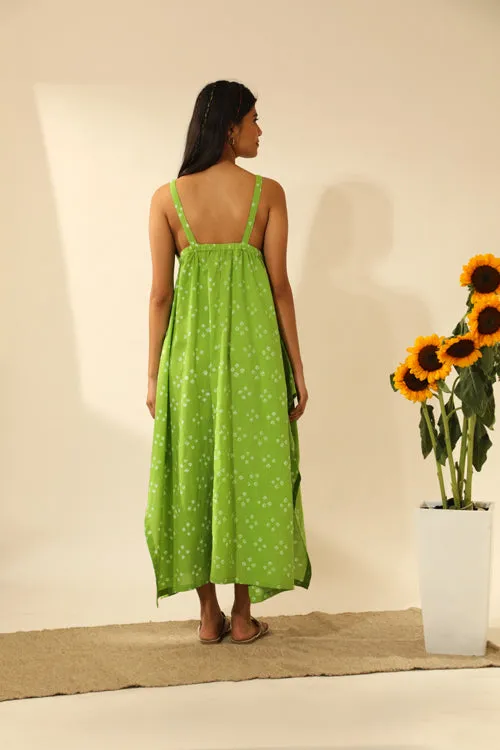 Rangsutra Bandhani Strappy Long Dress In Lime Green
