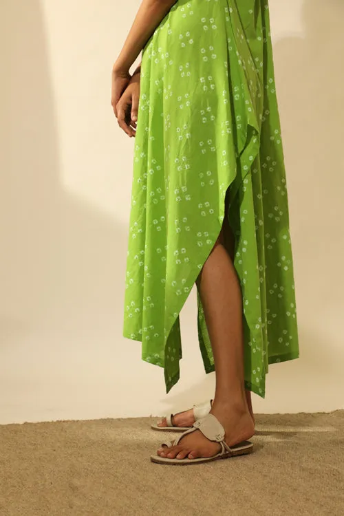 Rangsutra Bandhani Strappy Long Dress In Lime Green