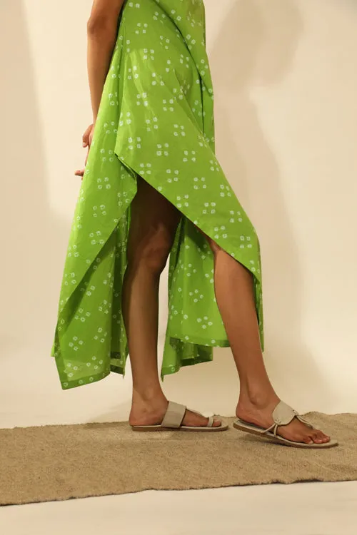 Rangsutra Bandhani Strappy Long Dress In Lime Green