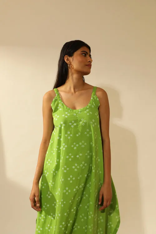 Rangsutra Bandhani Strappy Long Dress In Lime Green
