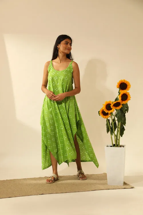Rangsutra Bandhani Strappy Long Dress In Lime Green