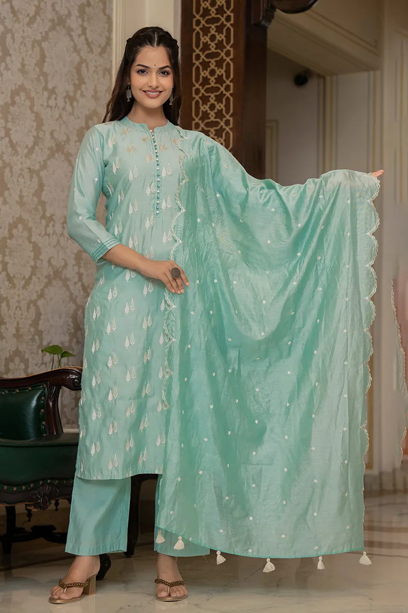 Sea Green Silk Blend Solid Embroidered Straight Suit Set With Trouser Bottom PKSKD2686